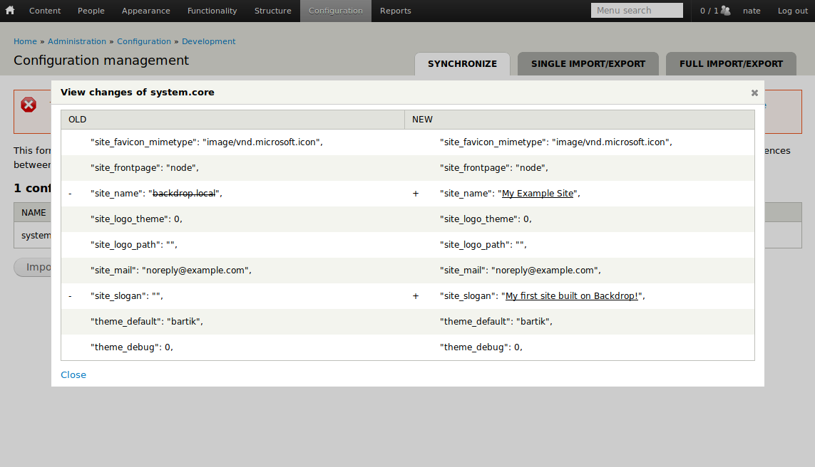Screenshot of the configuration management diff screen.