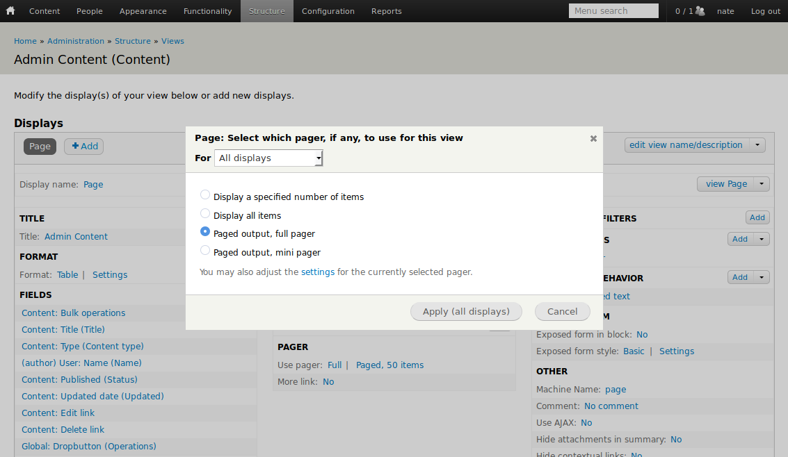 Screenshot of the Views UI with a dialog.